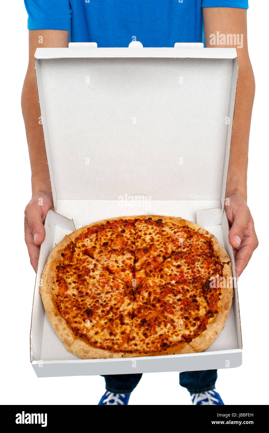 A person showing an open pizza box isolated over white back ground Stock  Photo - Alamy