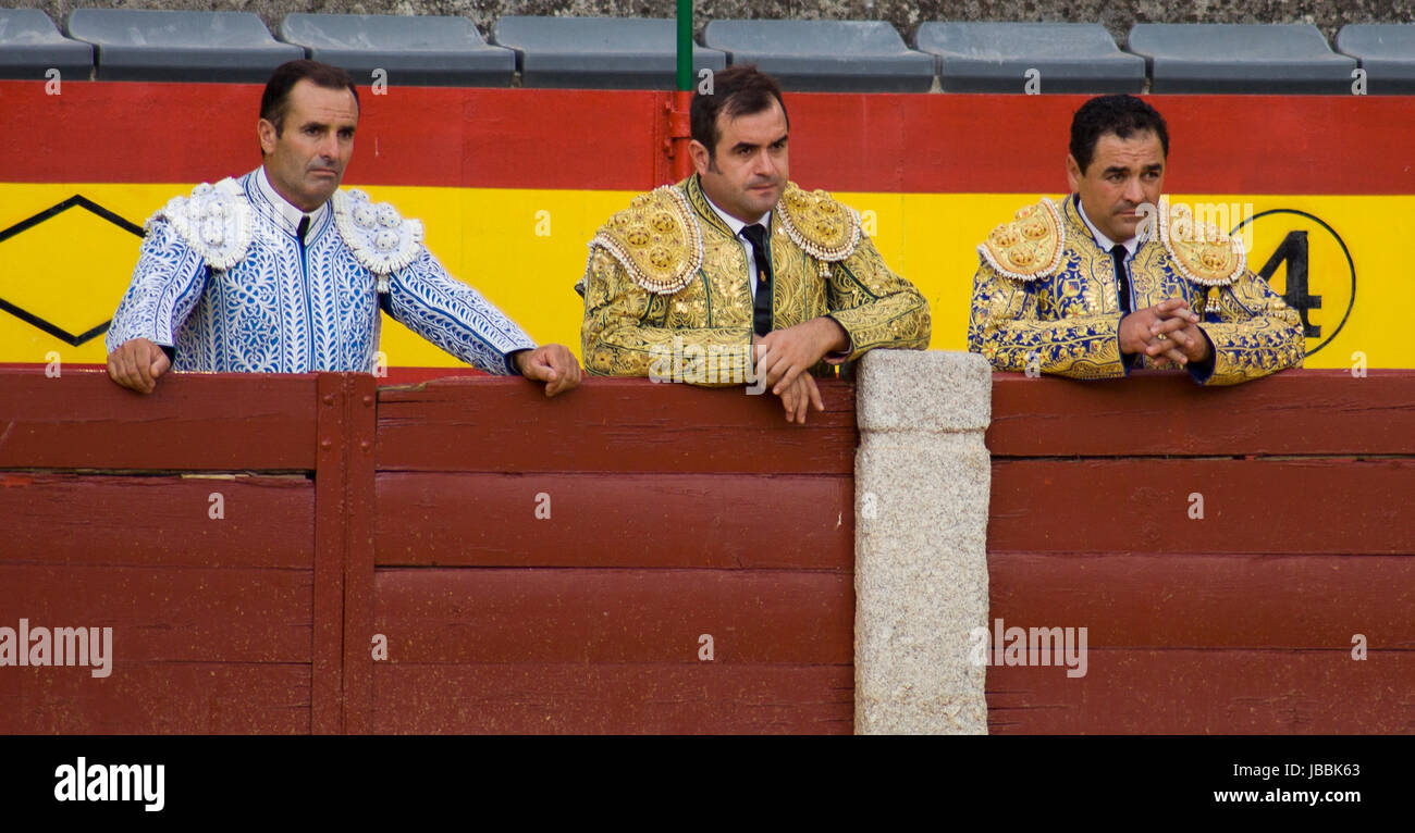 ALMENDRALEJO, SPAIN, AUGUST 15: The lancers waiting behind the barrier, on August 15, 2009 in Almendralejo, Spain Stock Photo