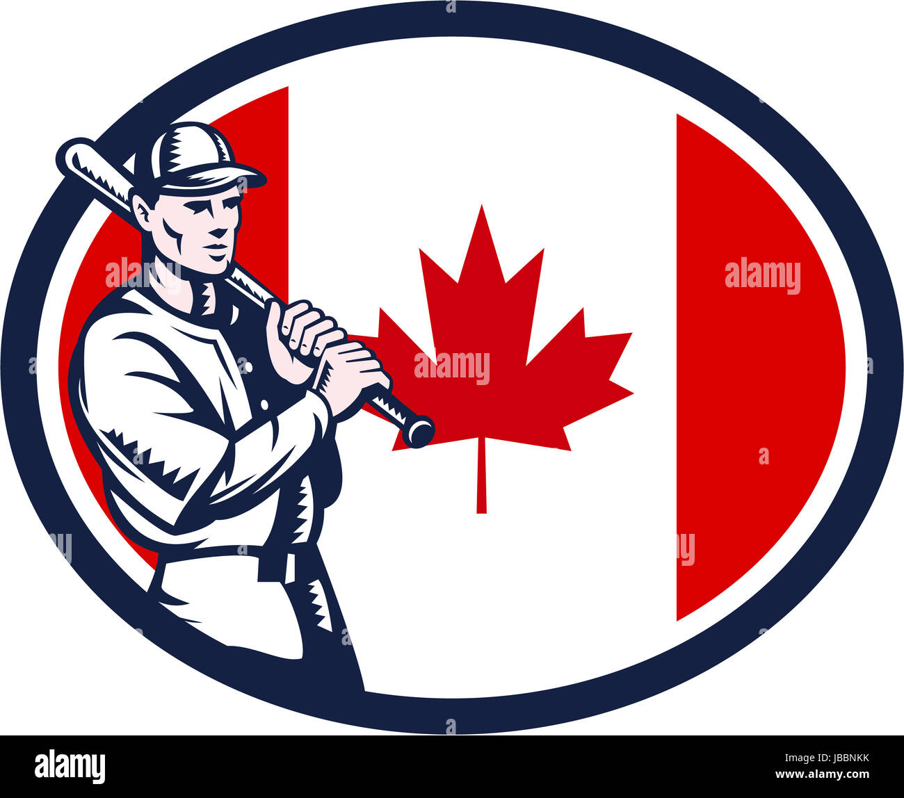 Illustration of a Canadian baseball player batter hitter holding bat on shoulder set inside oval shape with Canada maple leaf flag done in retro woodcut style isolated on white background. Stock Photo