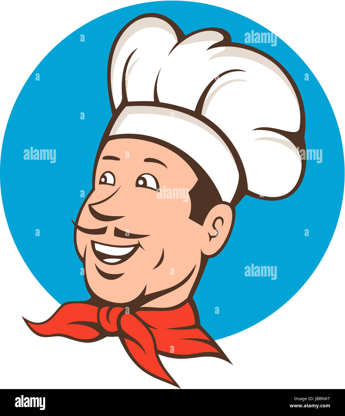 Illustration of a chef cook baker with moustache wearing bandana on neck and facing front set inside circle done in cartoon style. Stock Photo