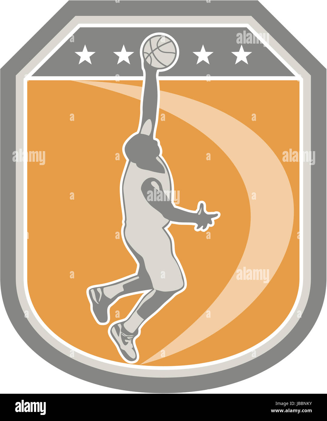 Illustration of a basketball player dunking rebounding ball set inside shield crest with stars done in retro style on isolated background. Stock Photo