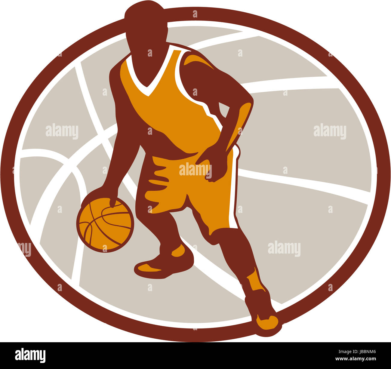 Illustration of a basketball player dribbling ball facing front set inside oval on isolated white background. Stock Photo