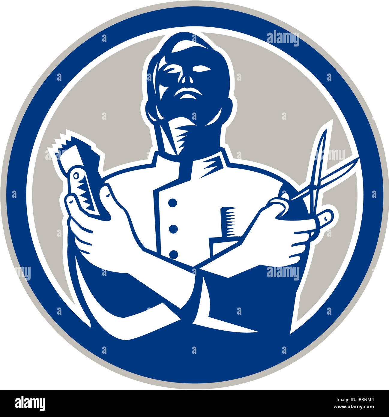 Illustration of a barber holding a hair clipper and scissors facing front  looking up set inside circle done in retro style on isolated background  Stock Photo - Alamy, image size:1297x1390