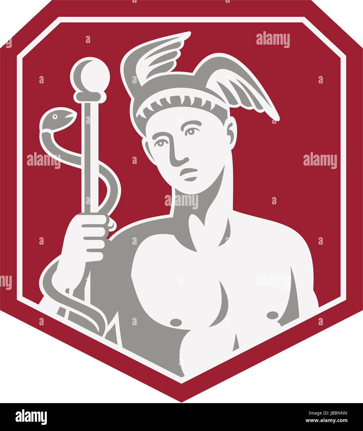 Illustration of Roman god Mercury wearing winged hat holding caduceus a herald's staff with two entwined snakes looking to side set inside shield on isolated background done in retro style. Stock Photo