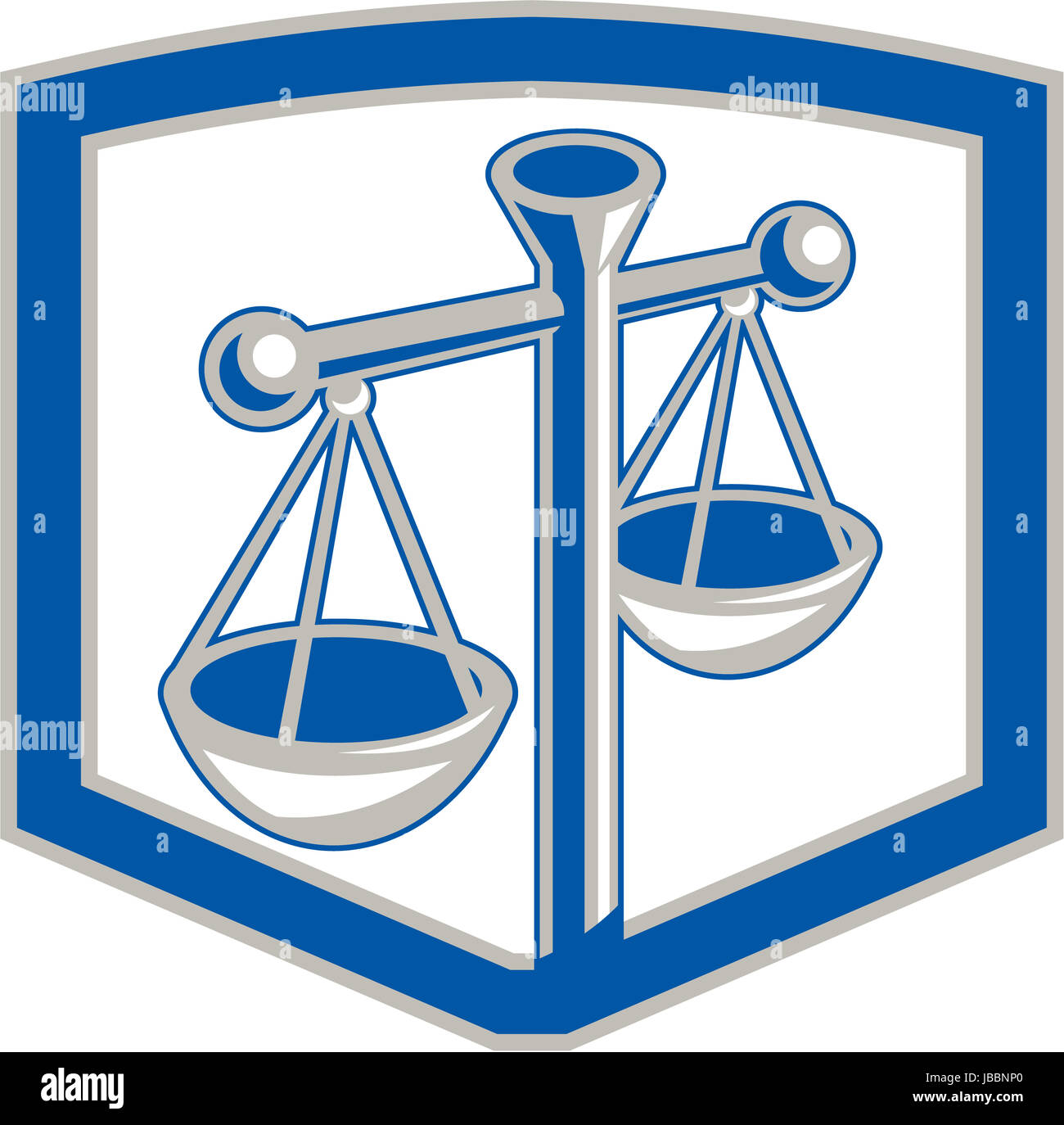 Illustration of weighing scales of justice set inside shield done in retro style on isolated background. Stock Photo