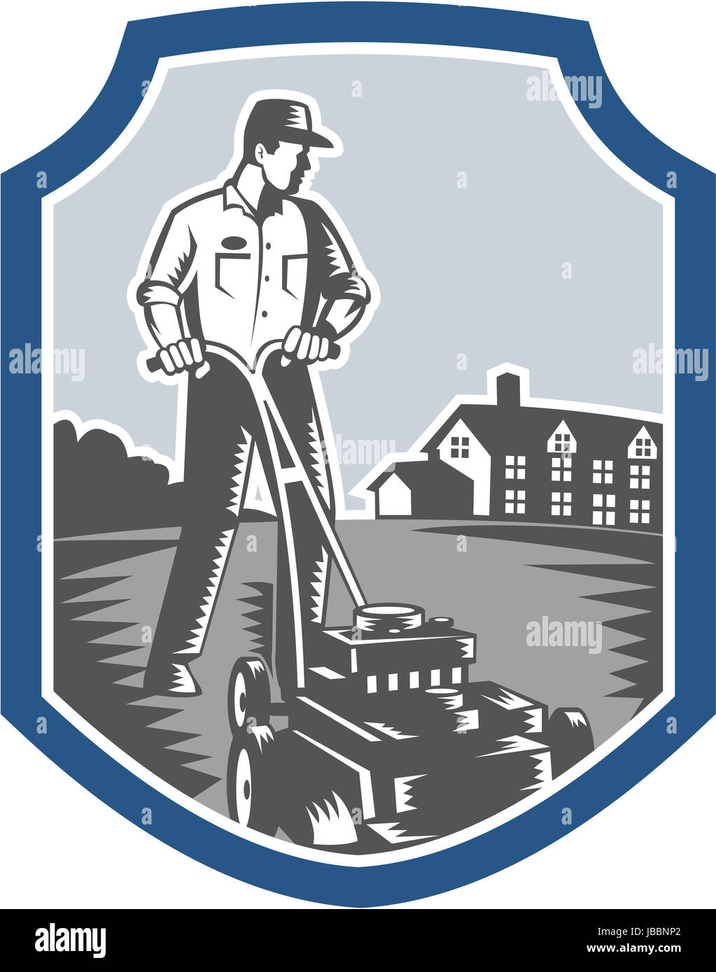 Illustration of male gardener mowing with lawn mower facing front set ...