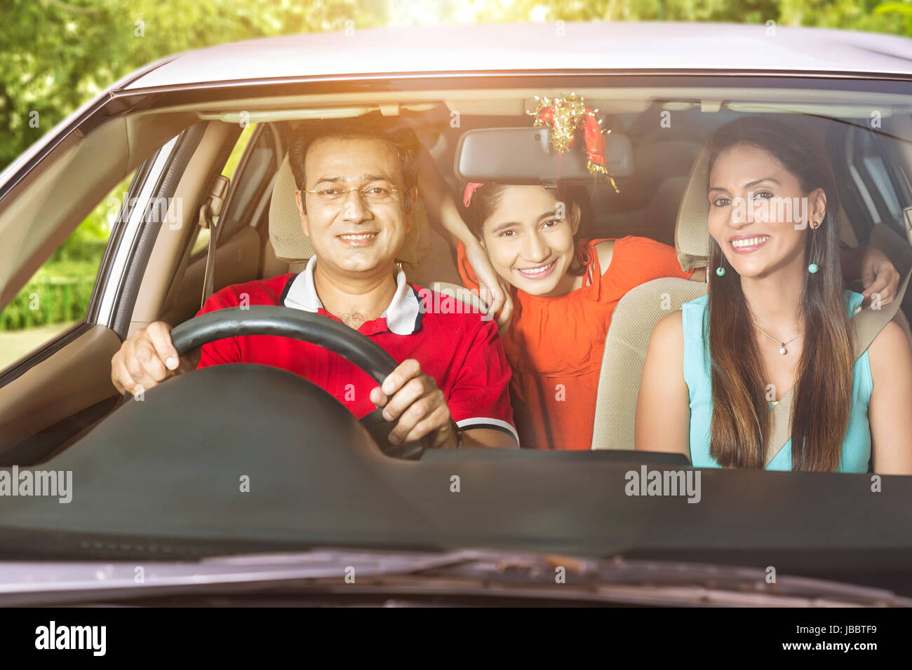 3 People Car Father Girl Journey Mother Sitting Smiling Together Travel Stock Photo