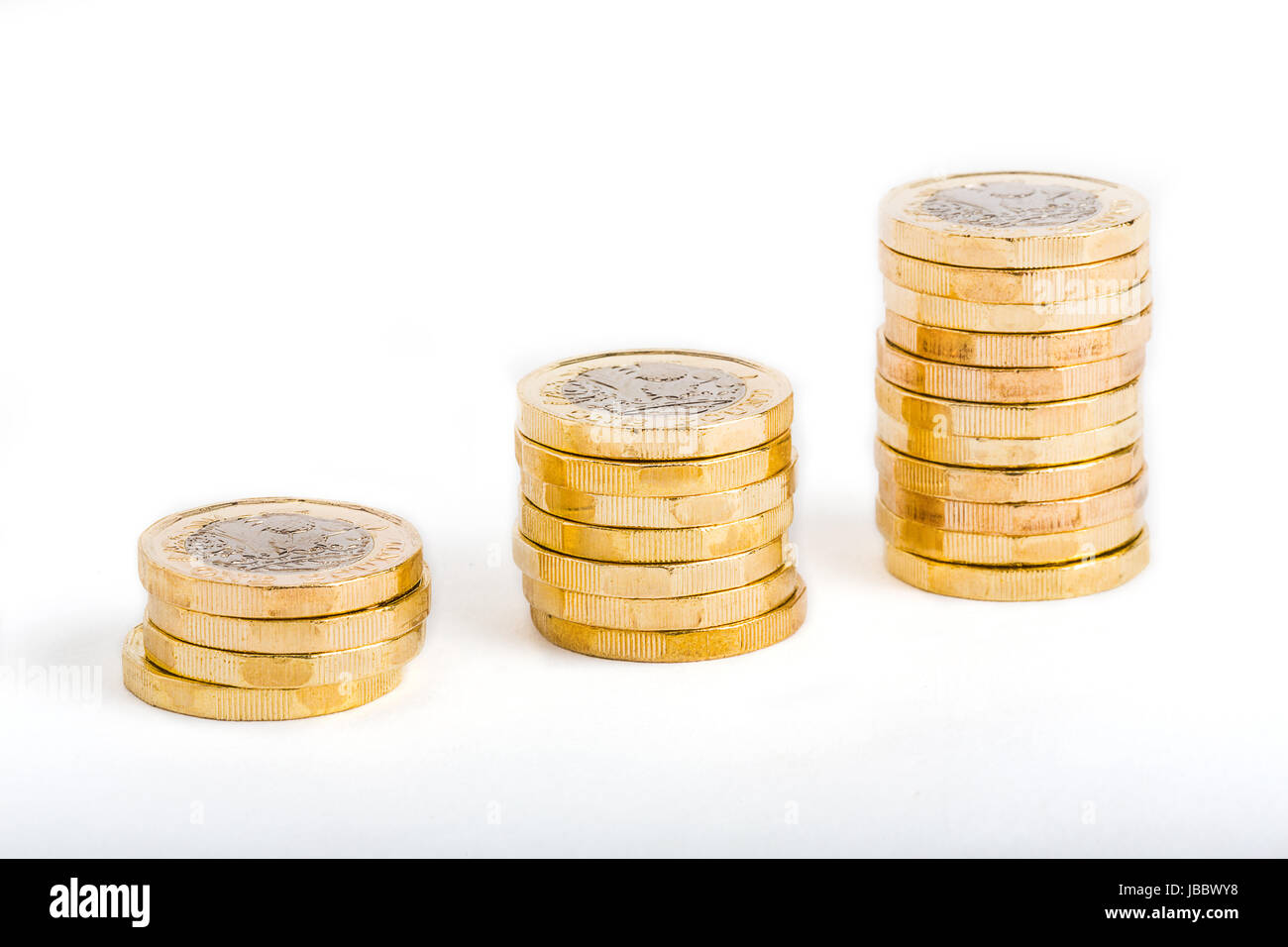 British one pound coins on white background Stock Photo