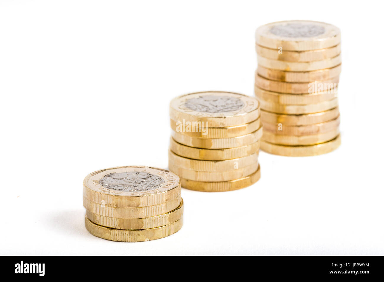 British one pound coins on white background Stock Photo