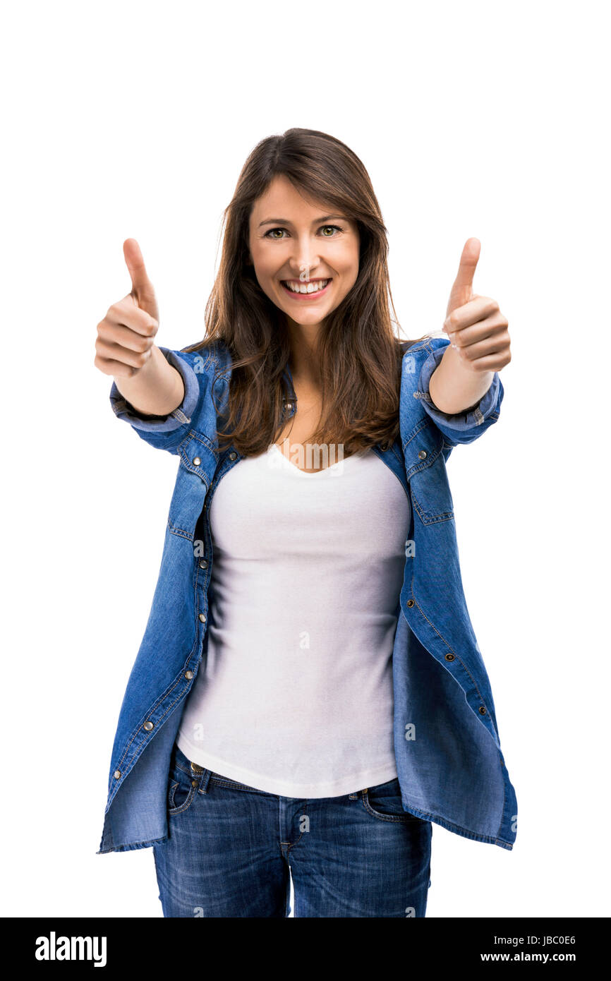 Beautiful woman with thumbs up, isolated over white background Stock ...