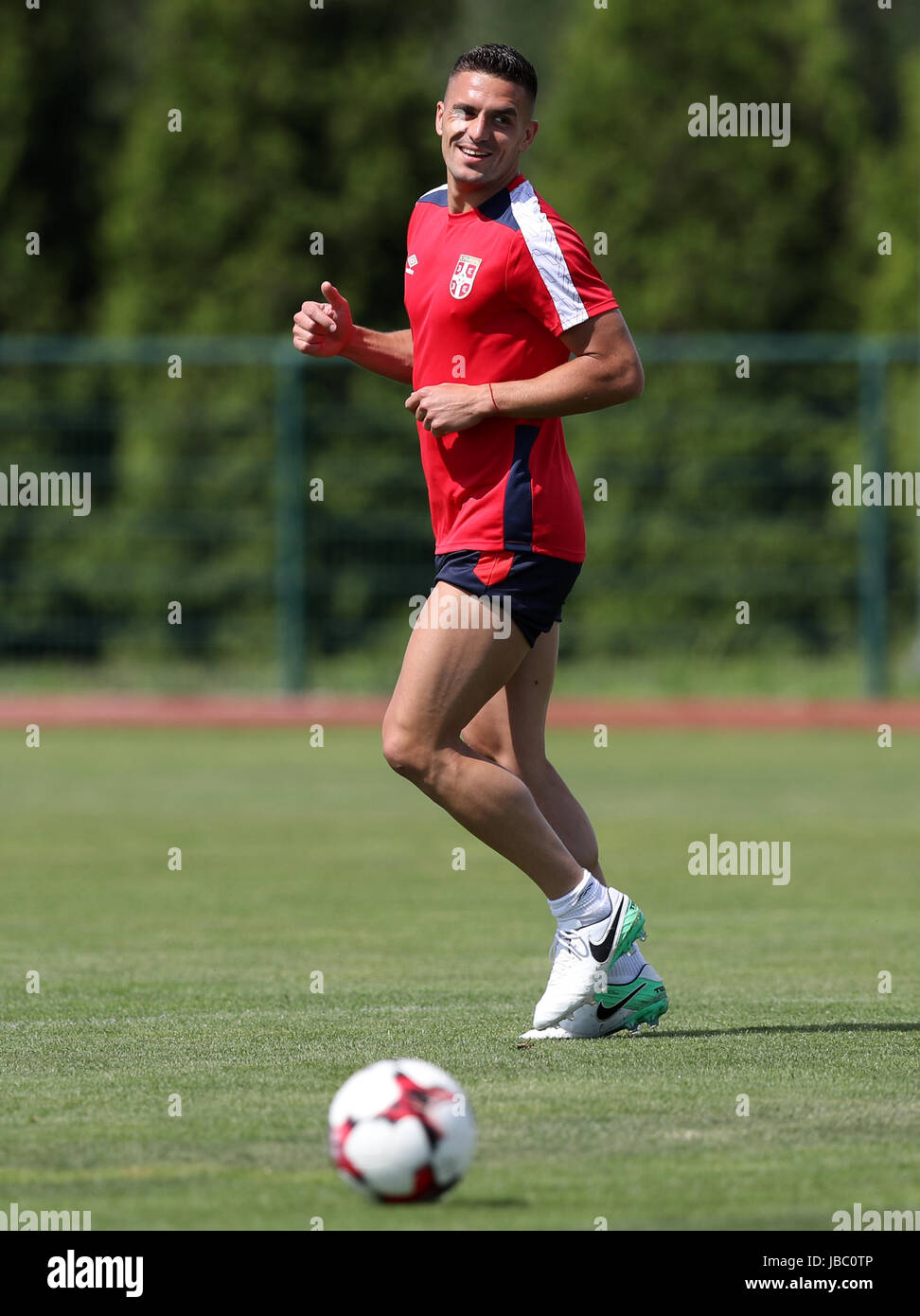 Serbia's Dusan Tadic during a training session at the FA Sports Centre, Stara Pazova, Belgrade. Stock Photo