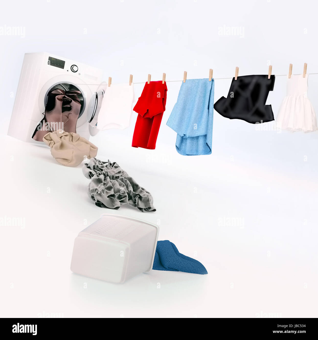 Cloth hanging on a rope coming out of the washing machine, dirty cloth jump into the washing