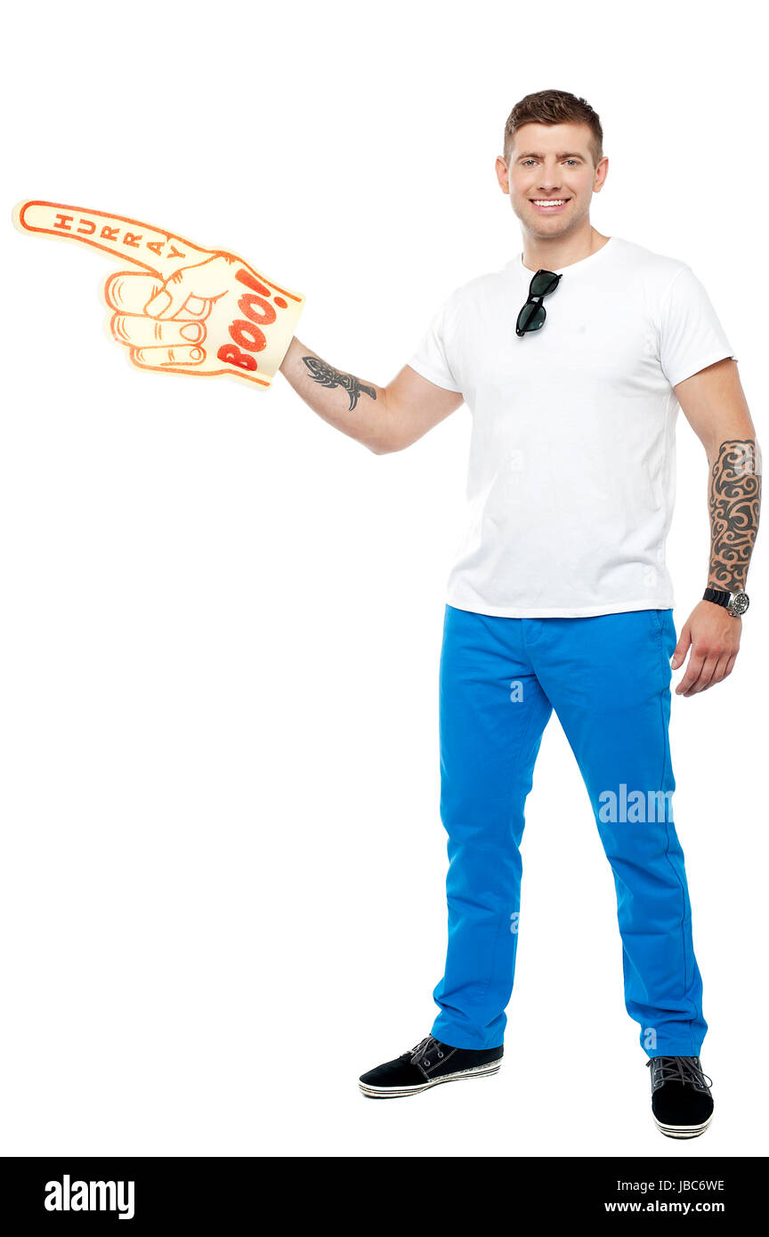 Sports fan holding Boo Hurray foam hand isolated on white background ...