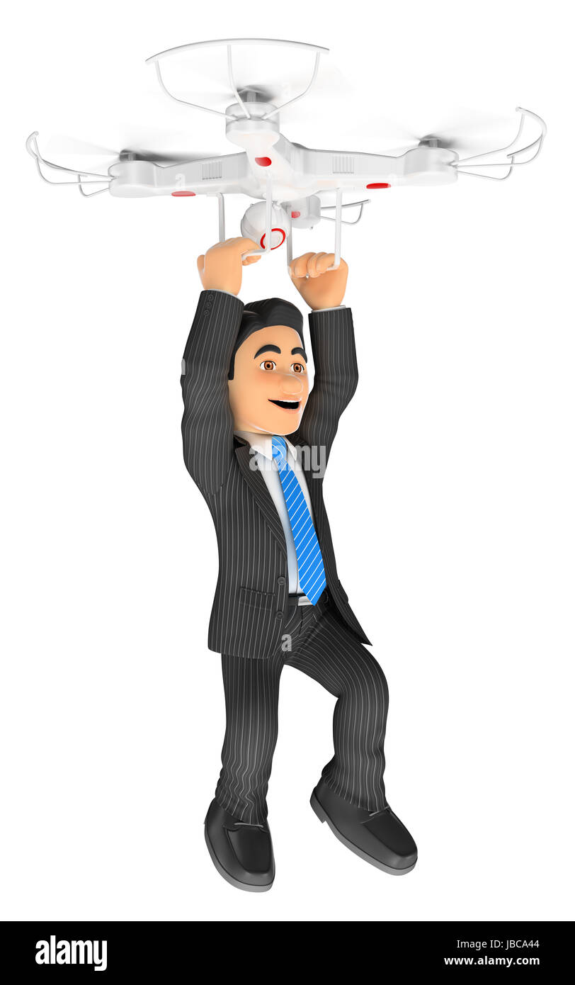 3d business people illustration. Businessman flying hanging from a drone. Isolated white background. Stock Photo