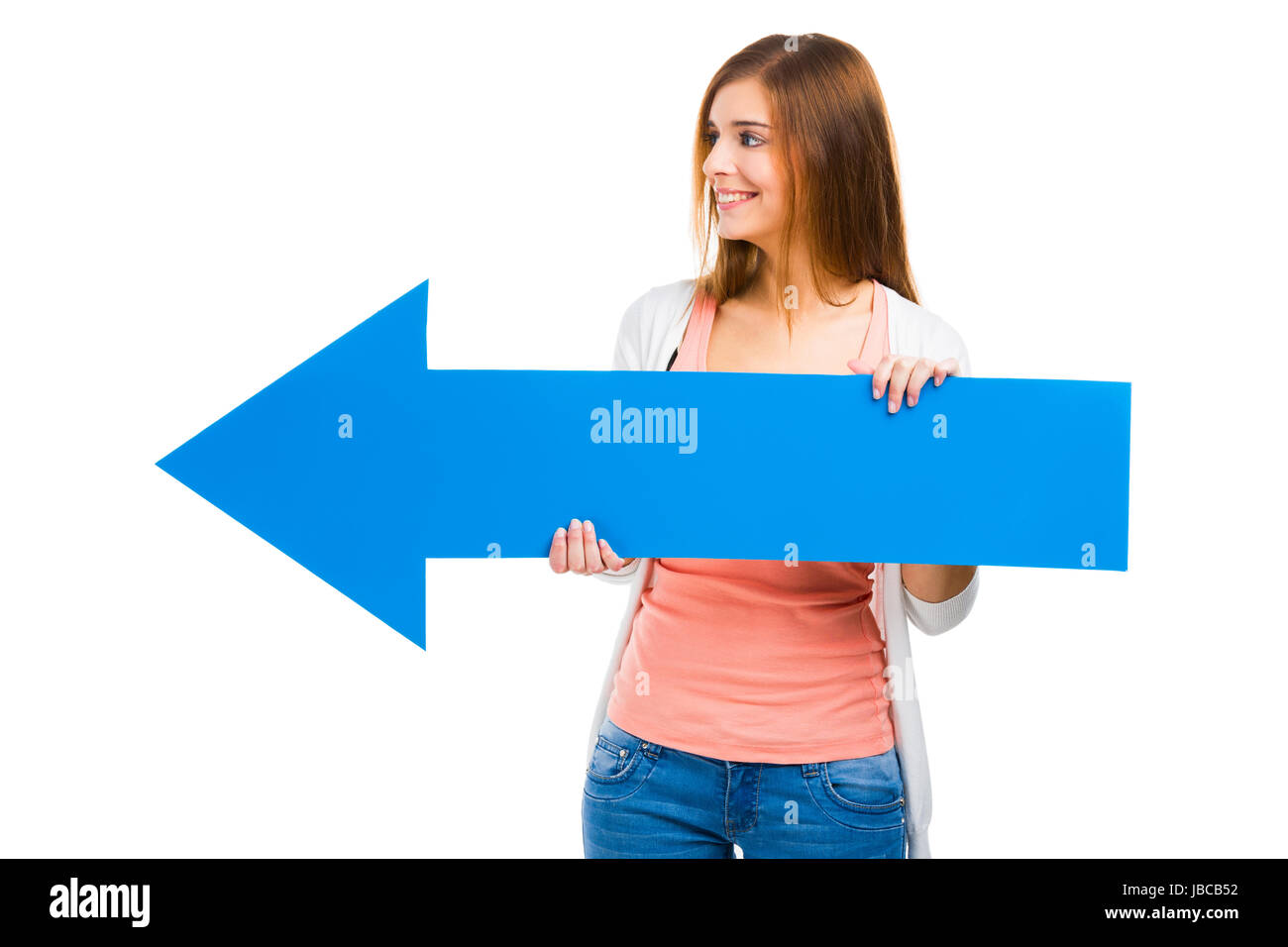 Beautiful woman holding a blue arrow pointing to her left side Stock ...