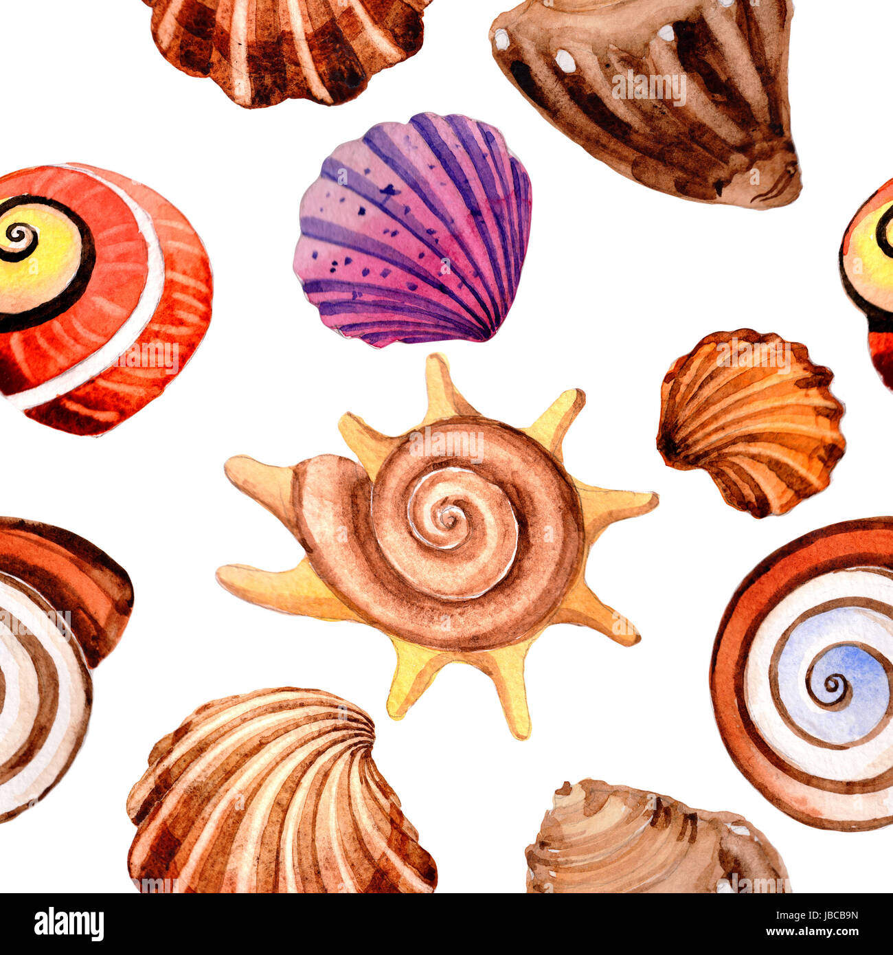 Watercolor summer beach seashell tropical elements pattern. Underwater ...