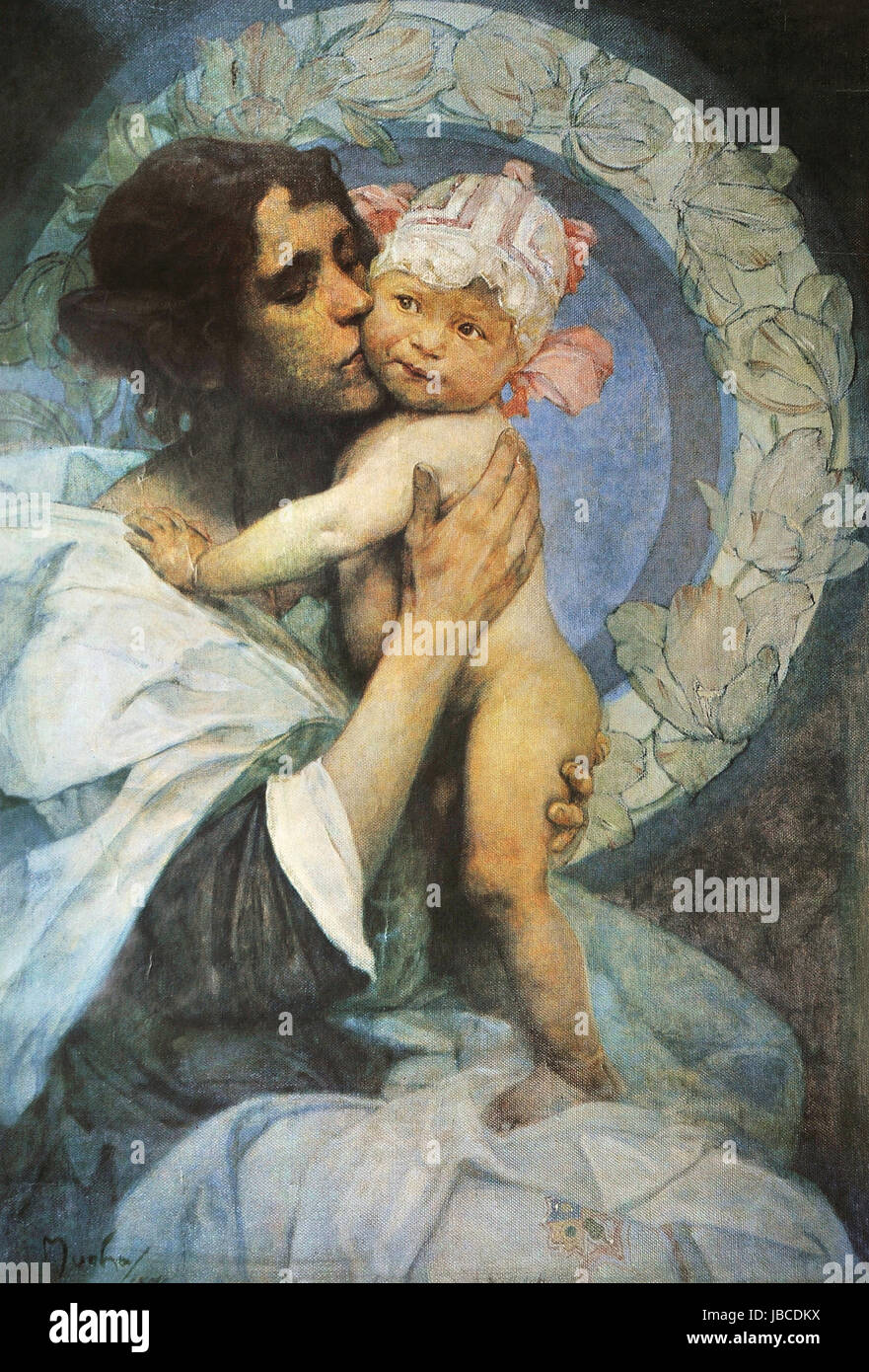 Alphonse Mucha: Mother And Child. Czechoslovak poster, published in 1980s. Stock Photo