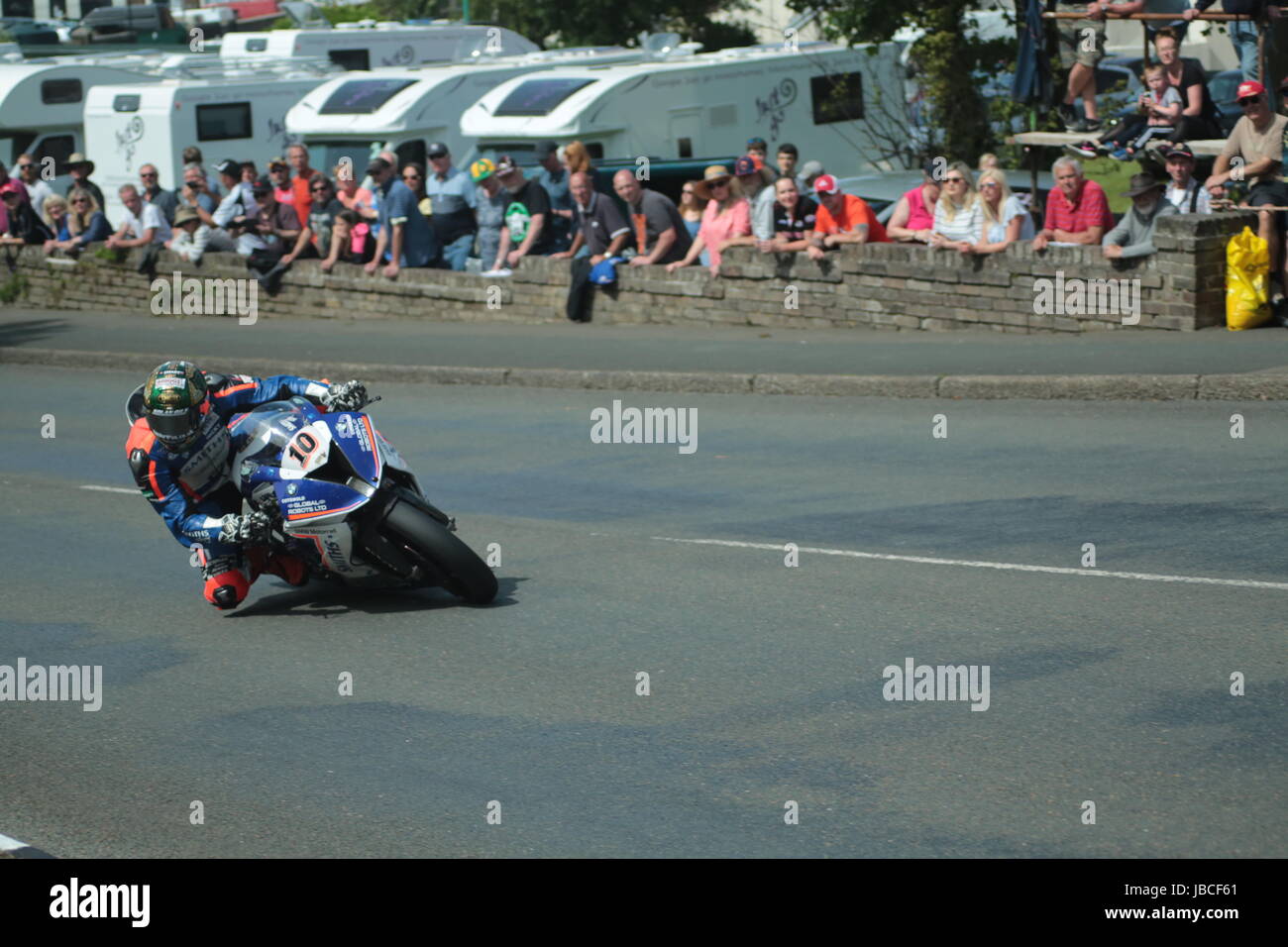 Isle Of Man, British Isles (UK). 9th June, 2017.  Fan Favorite and rising star, number 10, Peter Hickman on his BMW motorcycle of the Smiths Racing team at Cruickshank's Corner, Ramsey, Isle of Man, UK.  Peter Hickman came second in the Senior TT race in an exciting climax to the TT Races. Pokerstars Senior TT Race. (Detailed competitor information: https://www.iomtt.com/TT-Database.aspx) Credit: Louisa Jane Bawden/Alamy Live News. Stock Photo