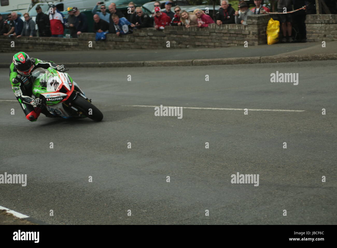 Isle Of Man, British Isles (UK). 9th June, 2017.  Fan Favorite number 3 James Hillier on his JG Speedfit Kawasaki at Cruickshank's Corner, Ramsey, Isle of Man, UK. Pokerstars Senior TT Race. (Detailed competitor information: https://www.iomtt.com/TT-Database.aspx) Credit: Louisa Jane Bawden/Alamy Live News. Stock Photo