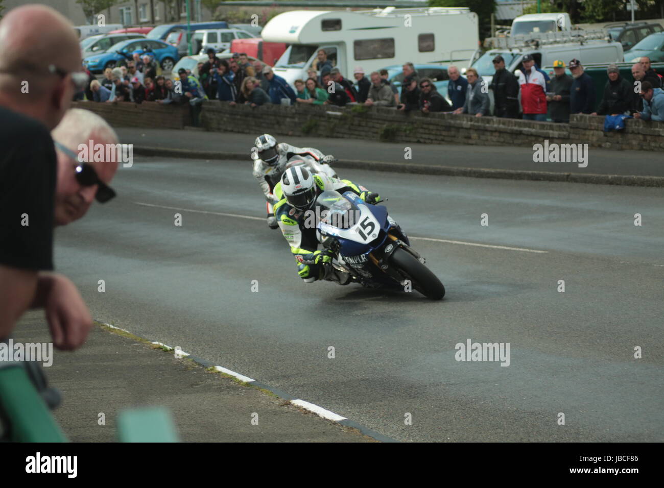 Isle Of Man, British Isles (UK). 9th June, 2017.  Exciting racing as number 15, William Dunlop is chased through Cruickshank's Corner by number 16 Joshua Brookes. Pokerstars Senior TT Race. (Detailed competitor information: https://www.iomtt.com/TT-Database.aspx) Credit: Louisa Jane Bawden/Alamy Live News. Stock Photo