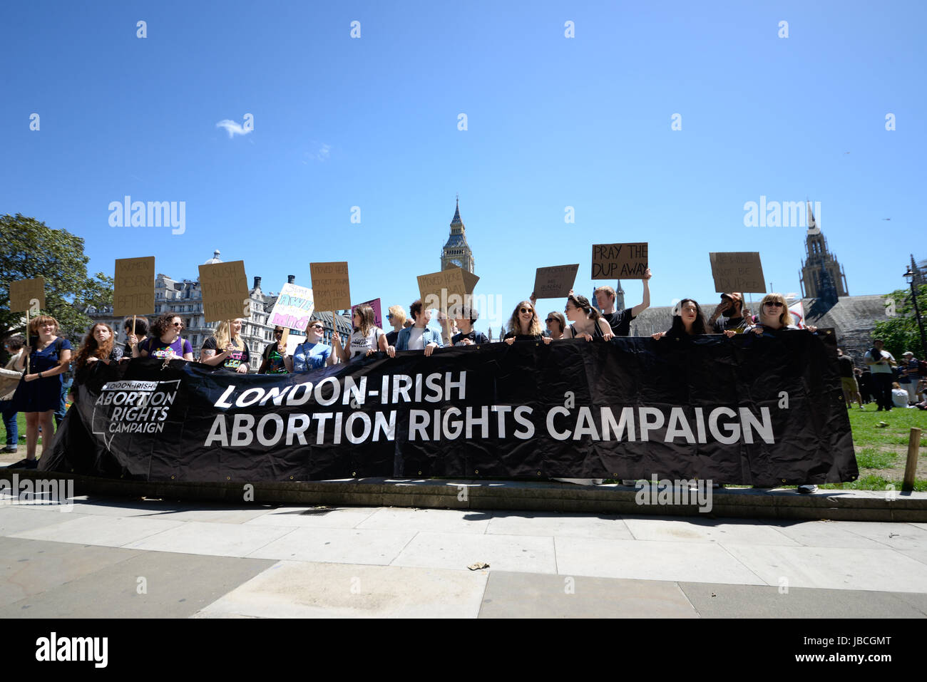 Protest. London Irish Abortion Rights Campaign banner against DUP alliance Stock Photo