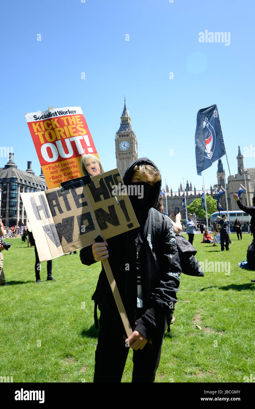 Protest. Kick out the Tories. Hate has won. Placard. Parliament Stock Photo