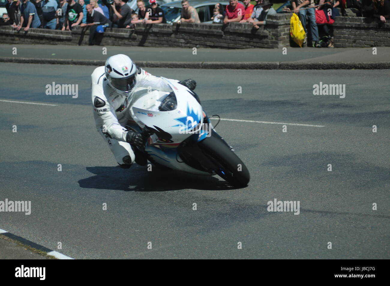 Isle Of Man, British Isles (UK). 9th June, 2017.  Fan Favorite, number Guy Martin (Mugen) at Cruickshank's Corner, Ramsey, Isle of Man, UK. SES TT Zero Emissions Race. (Detailed competitor information: https://www.iomtt.com/TT-Database.aspx) Credit: Louisa Jane Bawden/Alamy Live News. Stock Photo