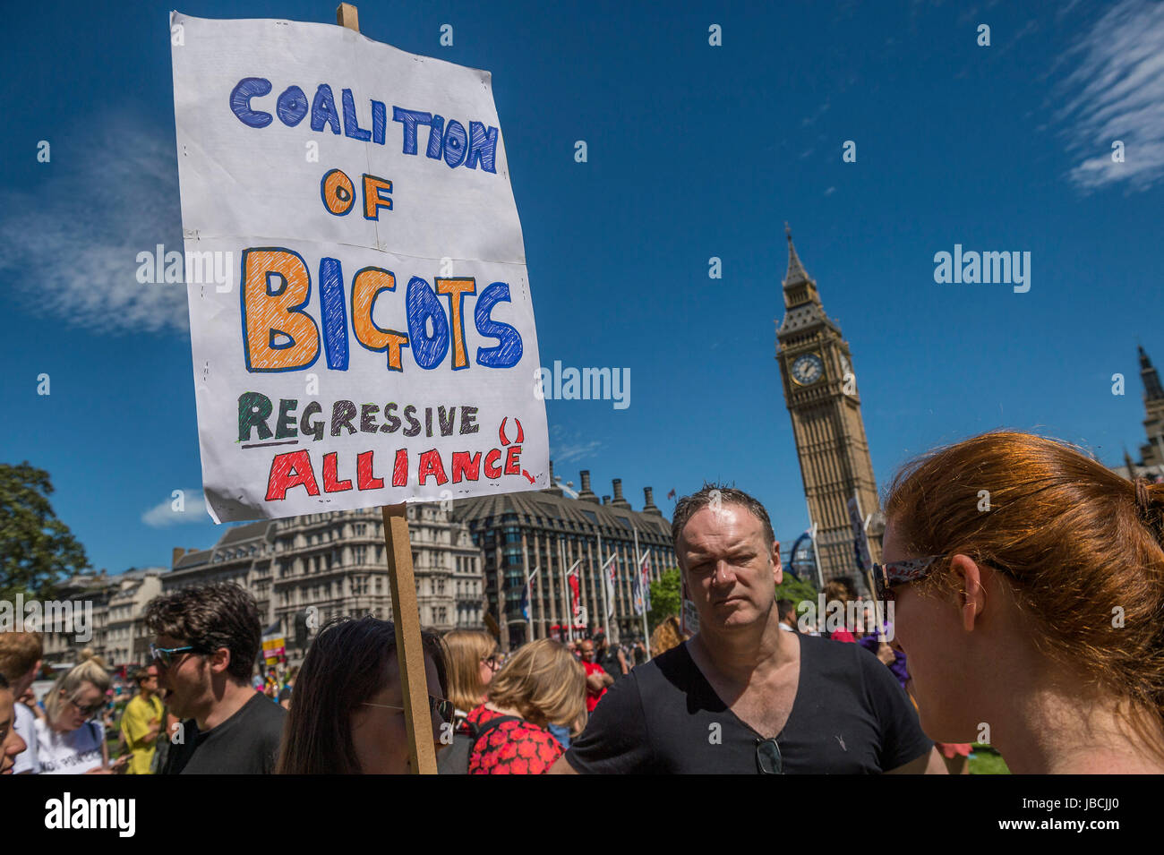 London, UK. 10th June, 2017. Coalition of bigots - A day after the election result protestors gather to ask for Theresa May to quit and not do a deal with the DUP. Who people fear because of their views on abrtion, gay marriage etc. Westminster, London, 10 Jun 2017 Credit: Guy Bell/Alamy Live News Stock Photo