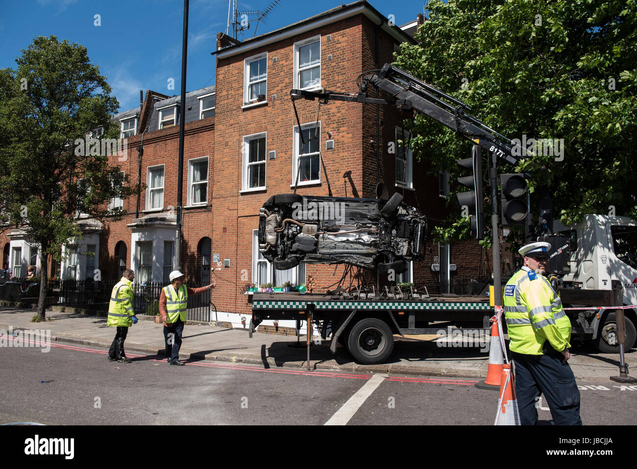 London, UK. 10th June 2017. A car crashed into a house on the corner of ...