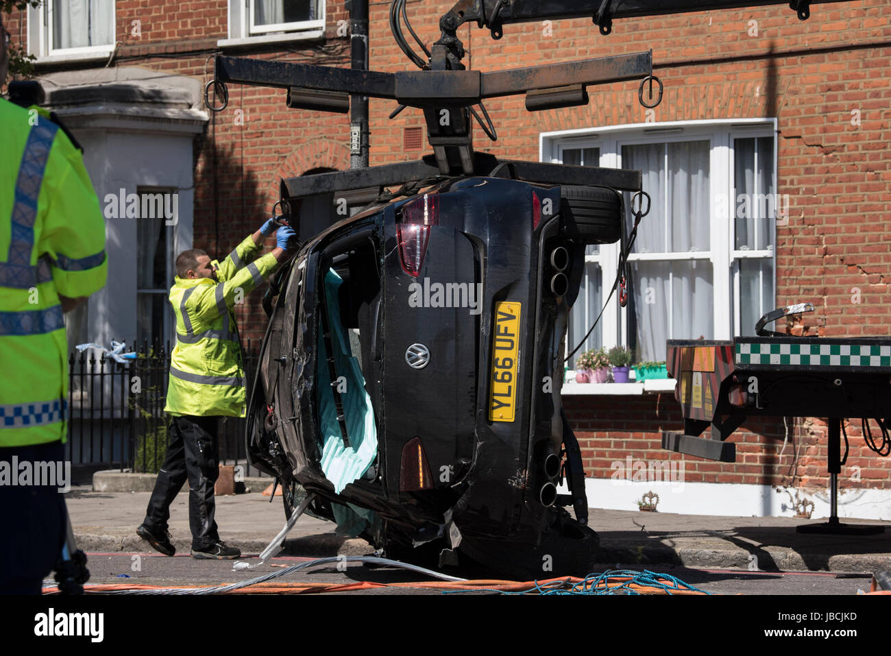 London, UK. 10th June 2017. A car crashed into a house on the corner of ...