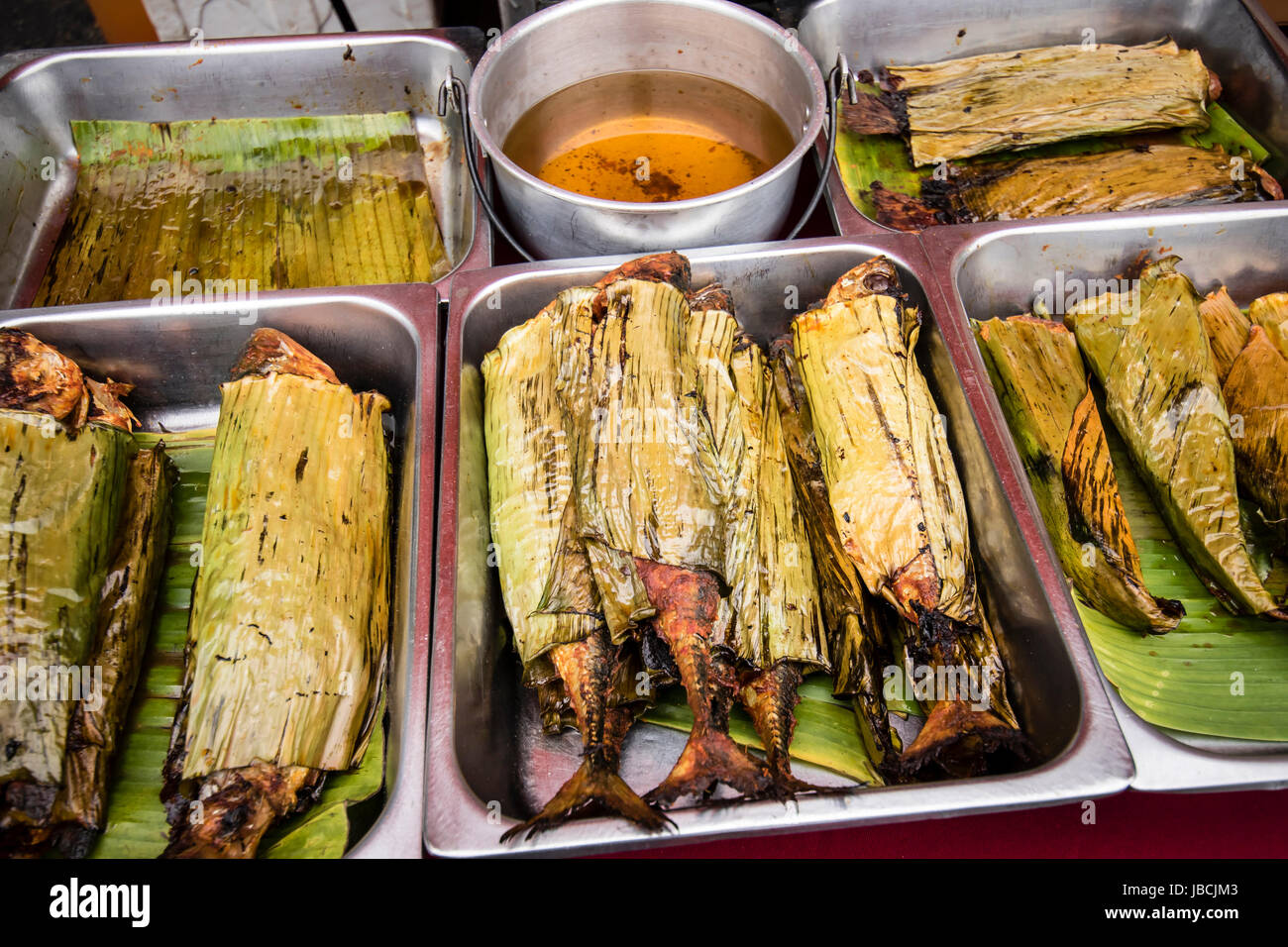 Kuala Lumpur Malaysia 10th June 2017 A Walkabout At The Bangsar Ramadan Food Bazaar On 10th June In Kuala Lumpur A Stall Selling Grill Spicy Fish Wrap With Banana Leaf At The