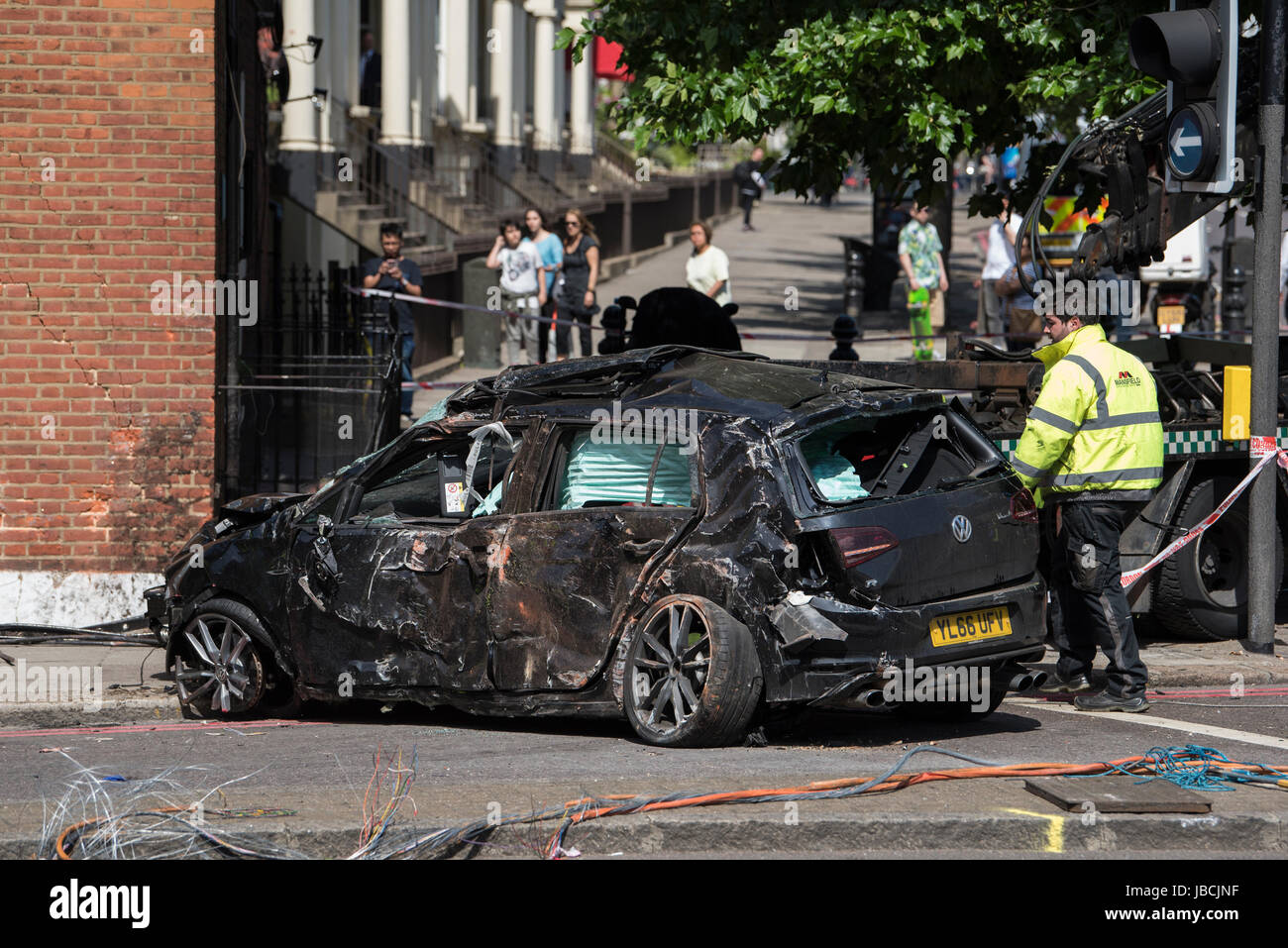 London, UK. 10th June 2017. A car crashed into a house on the corner of ...