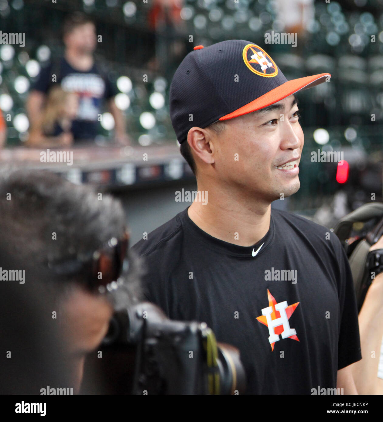 Houston, TX, USA. 10th June, 2017. Houston Astros left fielder Norichika Aoki (3) speaks with the media prior to the start of the MLB game between the Los Angeles Angels and the Houston Astros at Minute Maid Park in Houston, TX. John Glaser/CSM/Alamy Live News Stock Photo