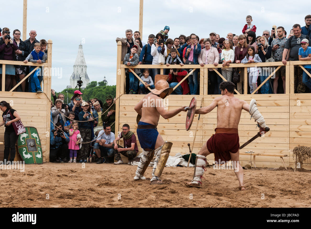 Moscow, Russia. 10th June, 2017. International Times & Epochs history reenactment festival in under way in Moscow. About 6000 reenactors from around the world take part in this 12 day long festival. They represent many history periods from times of ancient Greece and Rome to XX century on more than 15 festival areas all over the city. Ancient Rome period everyday life scenes, gladiator games, battles with Germans and Dacians and other events are presented in Kolomenskoe public park. Gladiator games in circus are still popular among the public. Credit: Alex's Pictures/Alamy Live News Stock Photo
