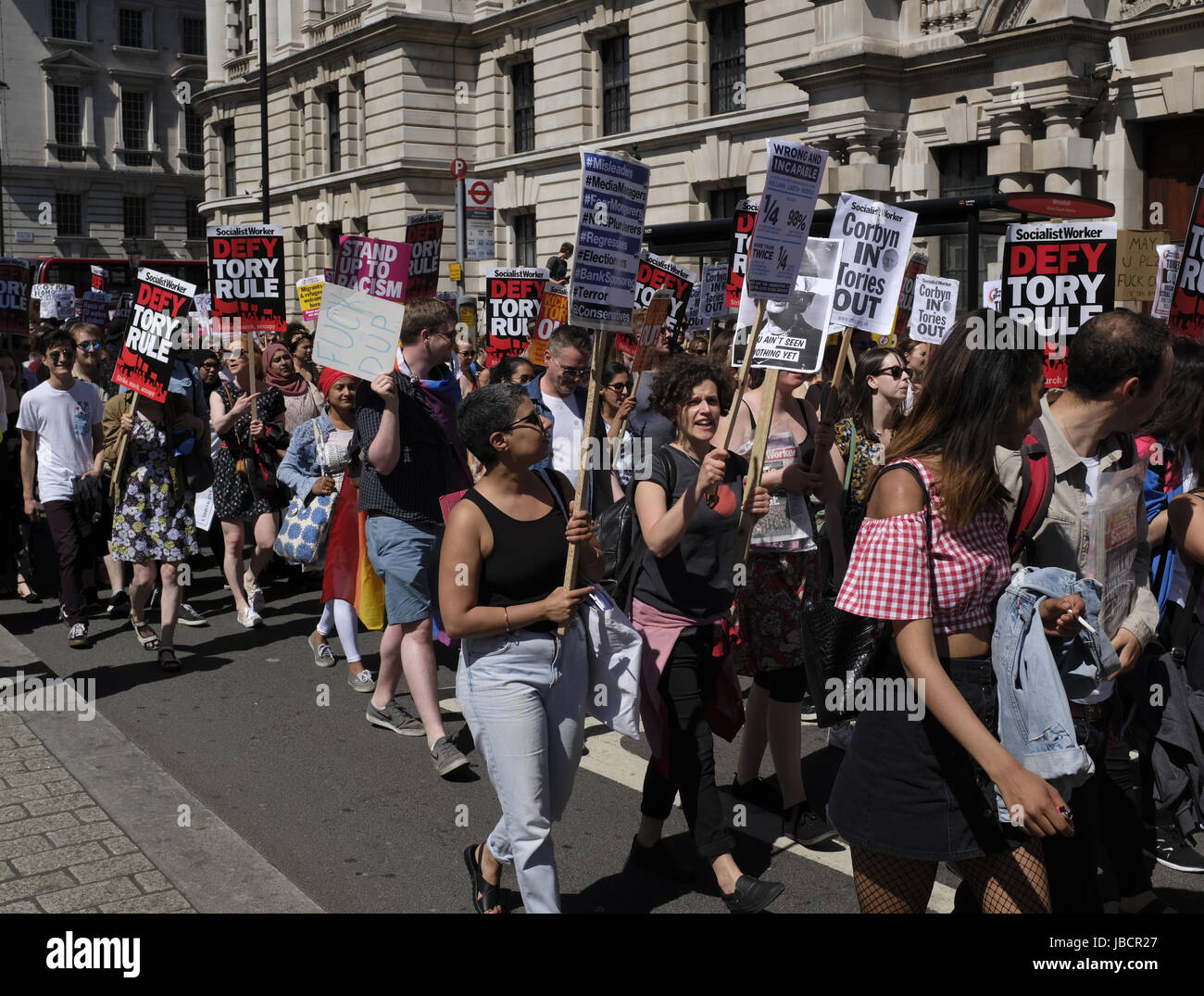Protesters on Whitehall Street. Protesters on the streets of London, protesting the Tory Government and Prime Minister Theresa May. Stock Photo