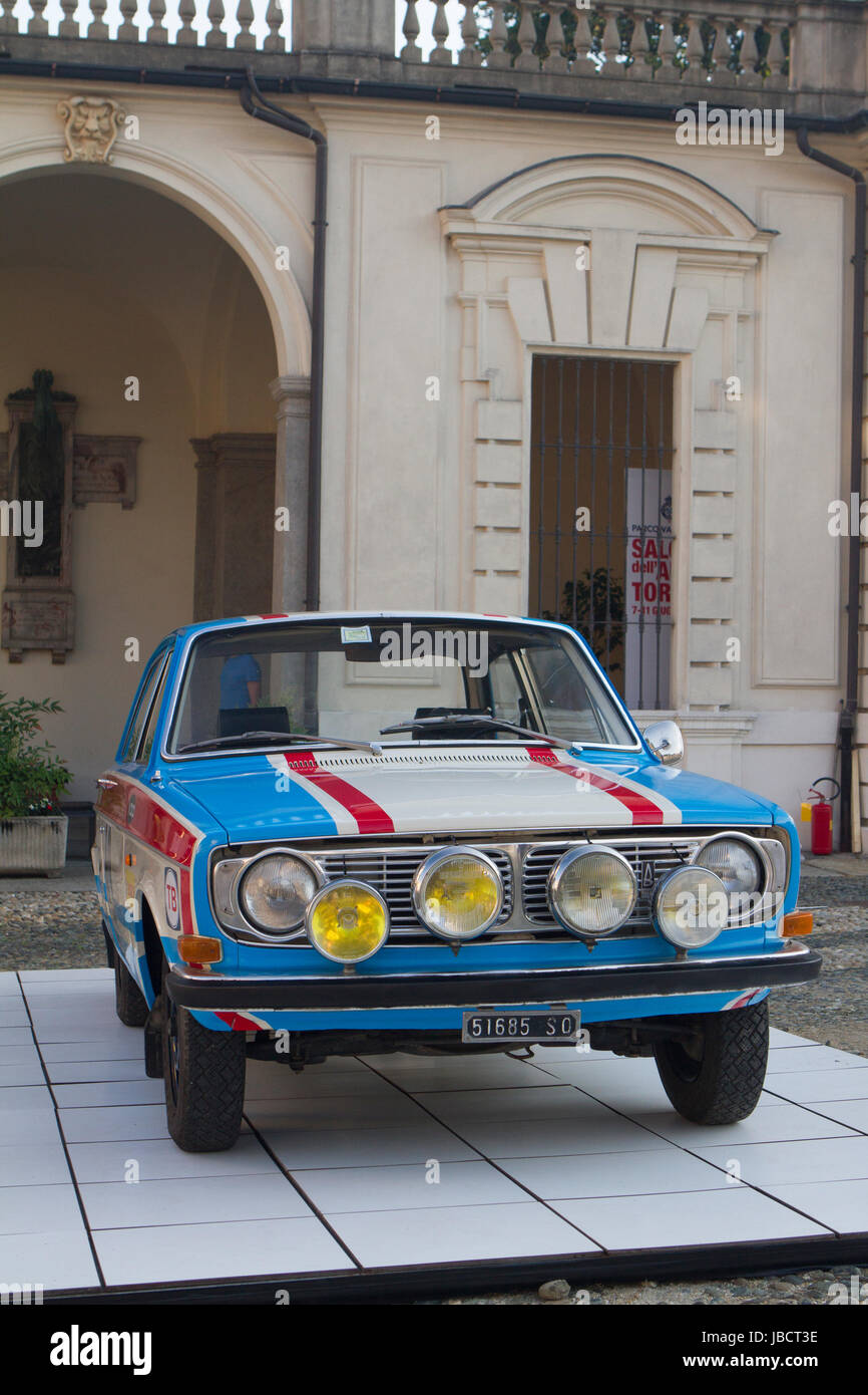 Turin, Italy, 10th June 2017. A 1970 Volvo 142 Rally. Volvo celebrates its 90th anniversary with a car exhibition in the court of Valentino Castle during Turin car show. Credit: Marco Destefanis/Alamy Live News Stock Photo
