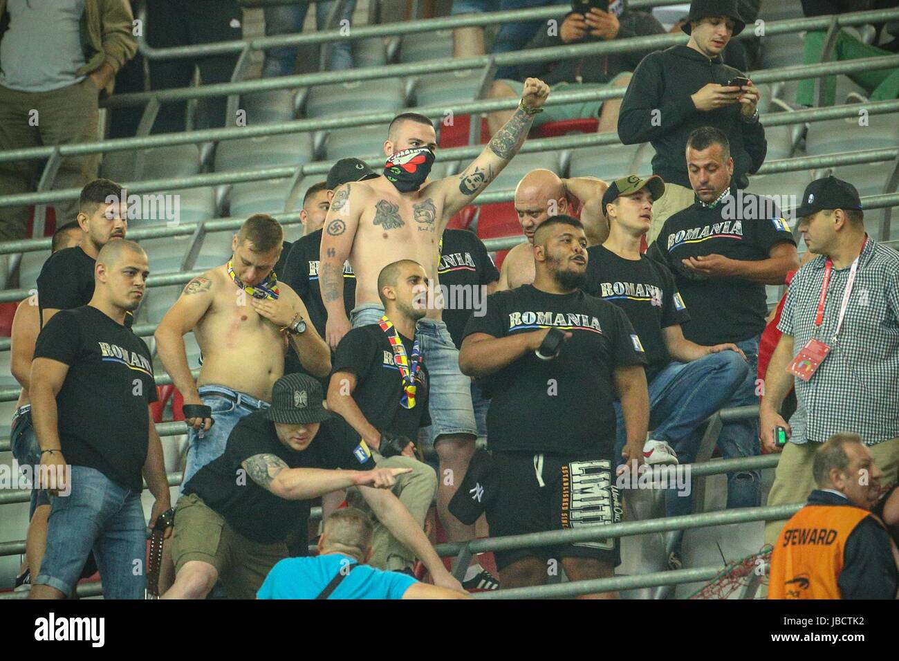 Warsaw, Poland. 10th June, 2017. World Cup 2018 Qualifying Poland vs Romania on June 10, 2017 in Warsaw, Poland   In the picture: romanian hooligans Credit: East News sp. z o.o./Alamy Live News Stock Photo