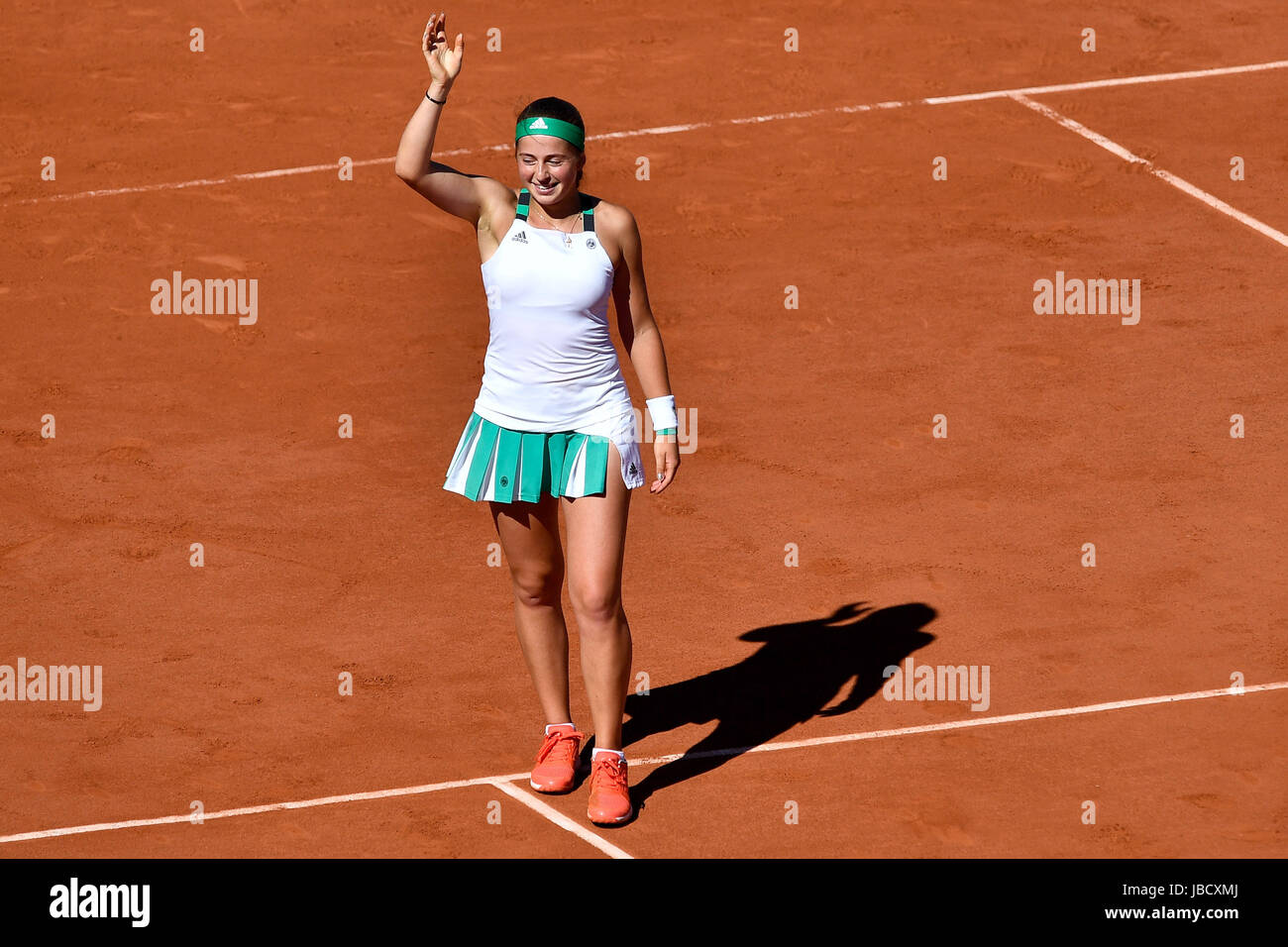 Paris, Paris. 10th June, 2017. Jelena Ostapenko of Latvia celebrates after  winning the women's singles final with Simona Halep of Romania at French  Open tennis tournament 2017 at Roland Garros, in Paris,