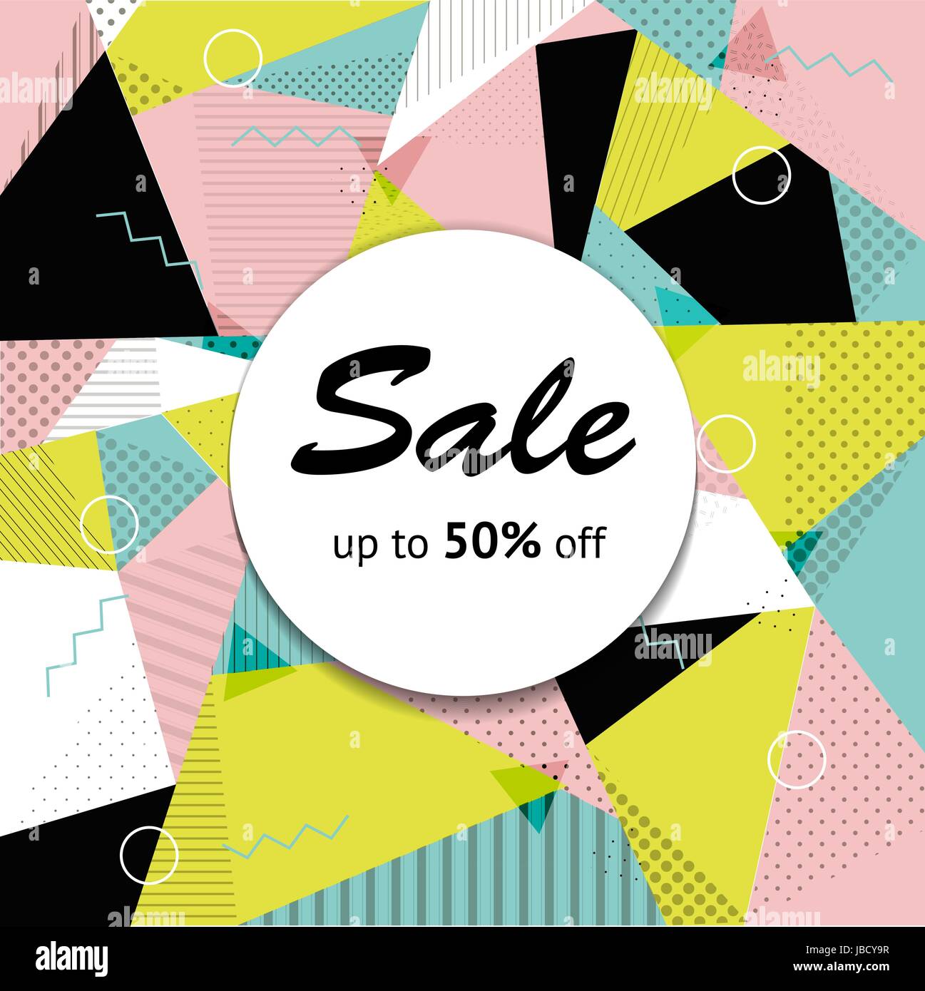 Black market half price off sale graphic poster. Sale banner on memphis colorful background. Stock Vector