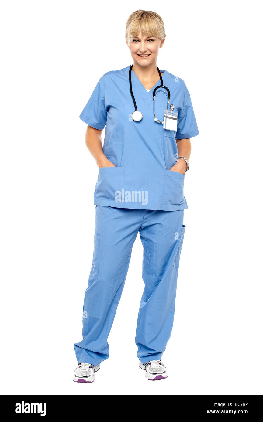 Cheerful relaxed female doctor in uniform. Full length shot on white Stock  Photo - Alamy