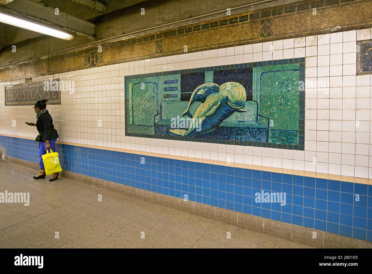 Beautiful nautical themed mosaic artwork at he Houston Street subway station platform in downtown Manhattan, New York City. Stock Photo