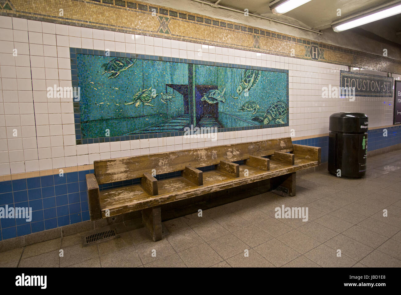 Beautiful nautical themed mosaic artwork at he Houston Street subway station platform in downtown Manhattan, New York City. Stock Photo
