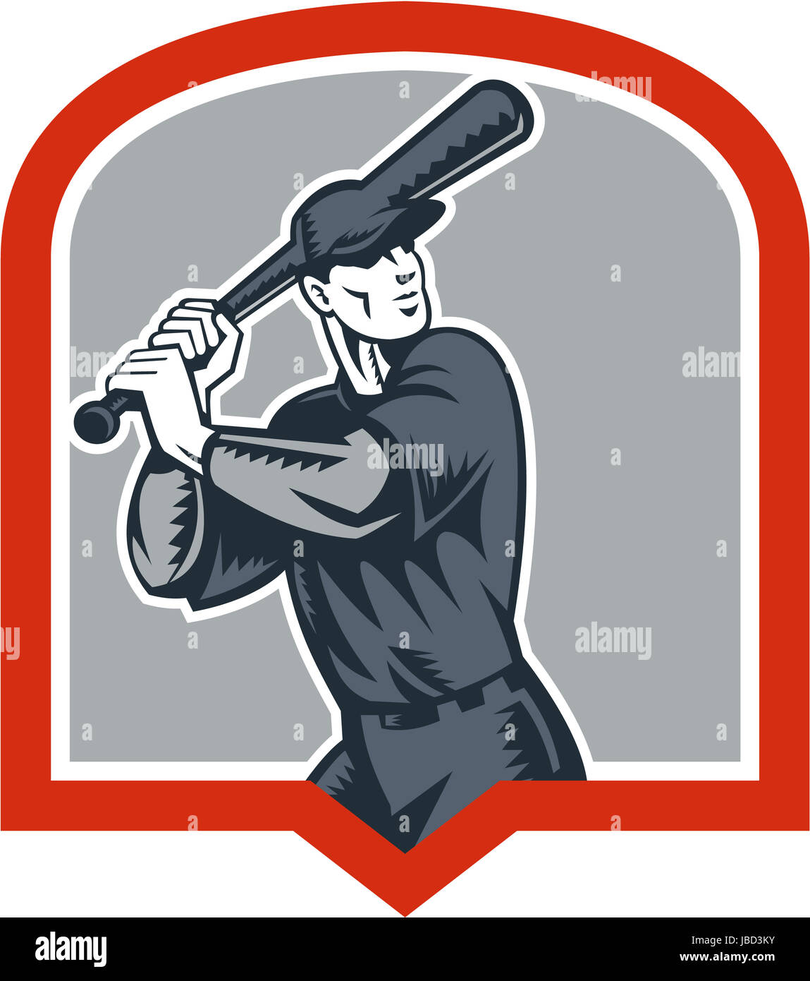 Illustration of a american baseball player batter batting set inside shield crest shape done in retro woodcut style isolated on white background. Stock Photo