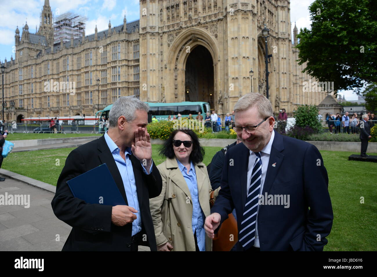 Kevin Maguire shares a joke with Len McCluskey on College Green  the day after the 2017 General Election result. Stock Photo