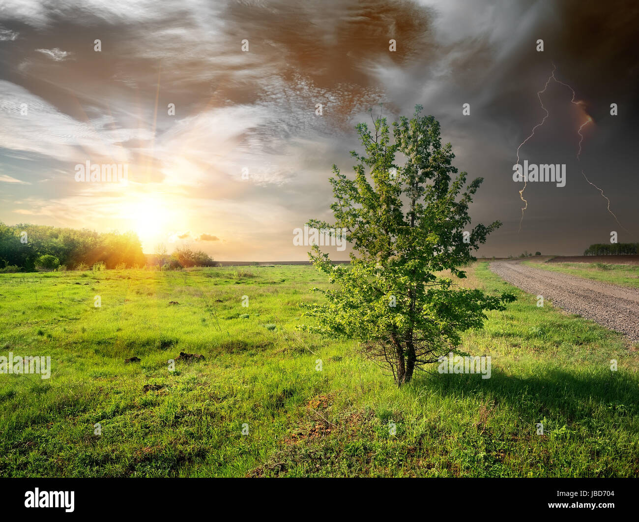 Lightning over a country road in the field Stock Photo - Alamy