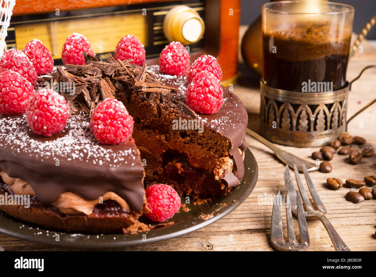 chocolate cake and Turkish coffee - vintage style Stock Photo