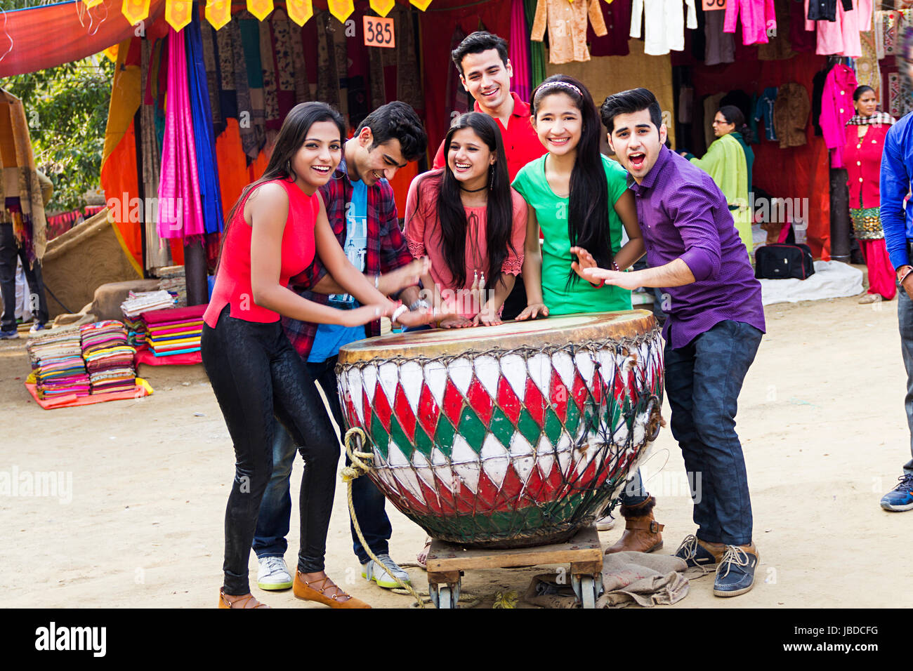 Group Teenager Boys, Girls Friends Drumming Drum Fun Cheerful Mela