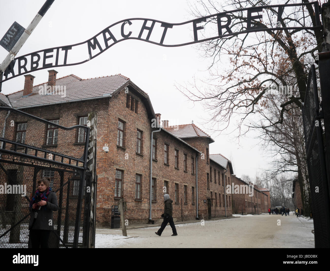 The front entrance of Auschwitz showing the Arbeit Macht Frei Stock Photo