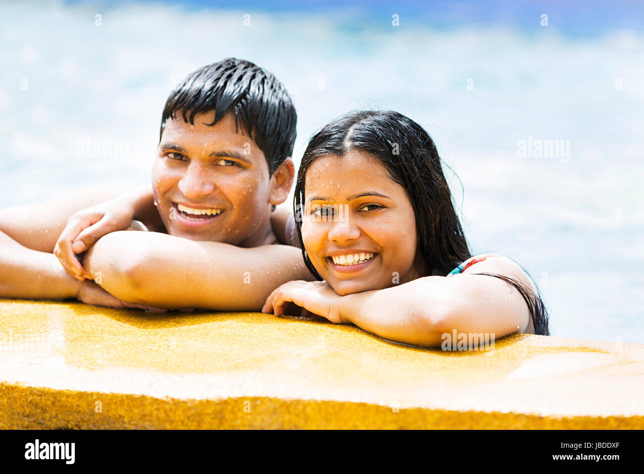 Happy 2 Indian Young Friend Swimming Pool Ledge Waterpark Bathing Stock Photo