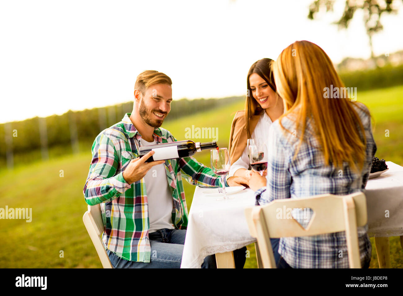 Group of young people sitting by the table and drinking red wine in the ...